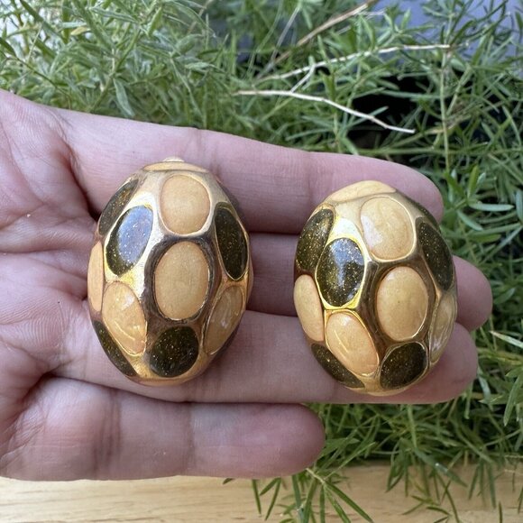 Vintage Clip Earrings Sparkled Brown Enamel Gold Tone Turtle Shell Design 1 3/8" - Picture 8 of 8